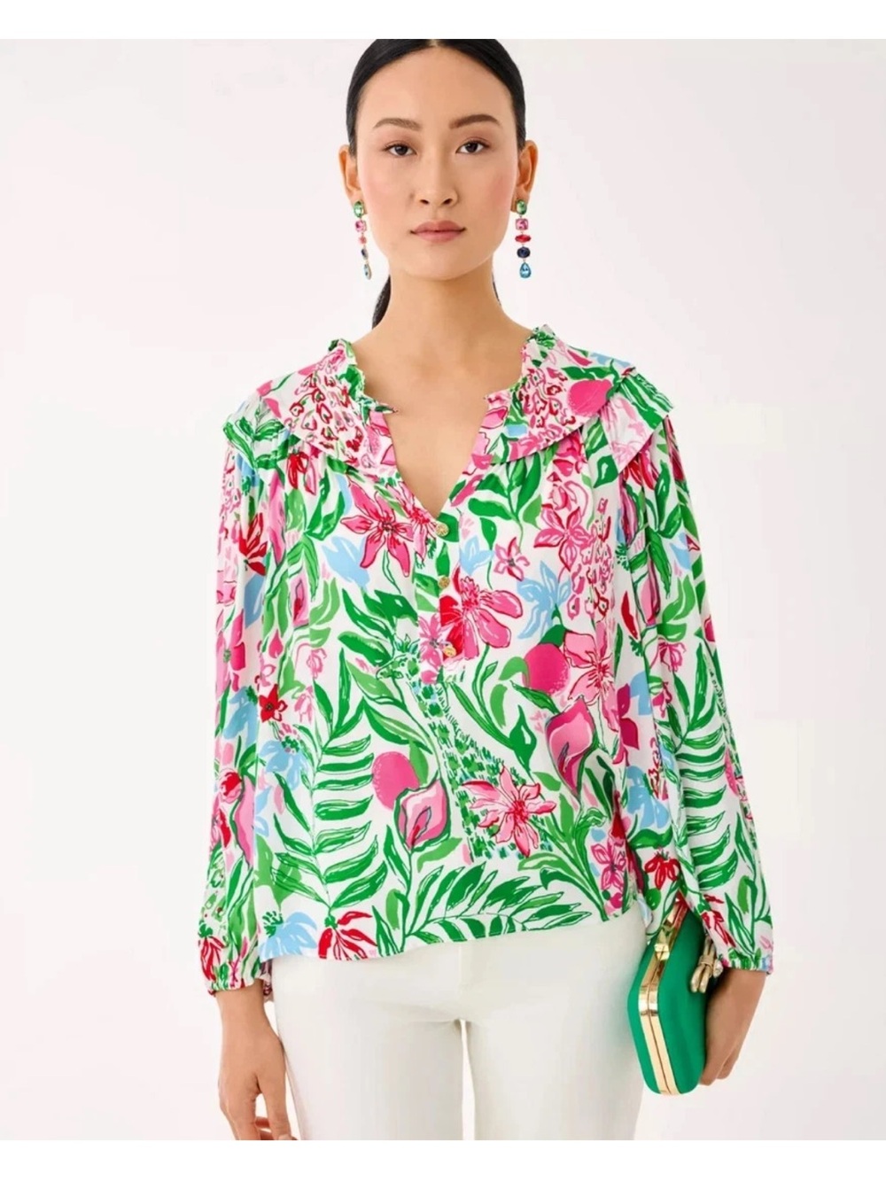 Lilly Pulitzer Japhia Ruffle Blouse Glowing Gardens large New